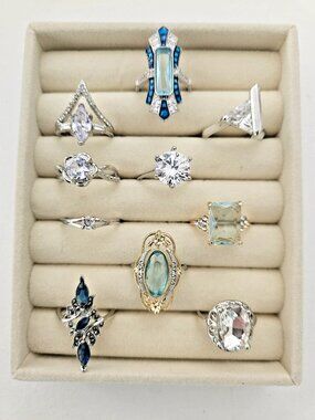 Lot of 10 Modern Costume Statement Rings Art Deco Solitaire Blue & Clear Stones